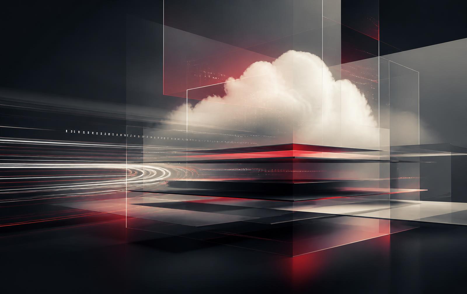 Abstract visualisation of layered cloud computing planes with light trails in charcoal, ivory and red